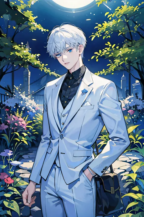 1boy, white short hair, wearing a full suit, blue eyes, night, outside, garden, HD, high res, looking at viewer, high quality