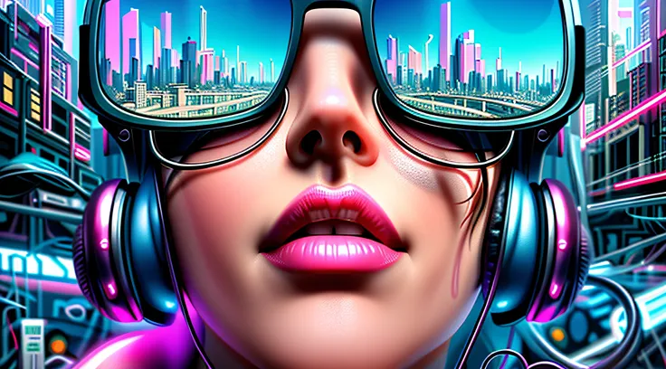 A woman with headphones and sunglasses in a futuristic city, Estilo de arte cyberpunk, Estilo de arte futurista, cyberpunk vibes, Arte cyberpunk, cyberpunk cores vibrantes, cyberpunk themed art, advanced digital cyberpunk art, Estilo de arte cyberpunk, 3d ...