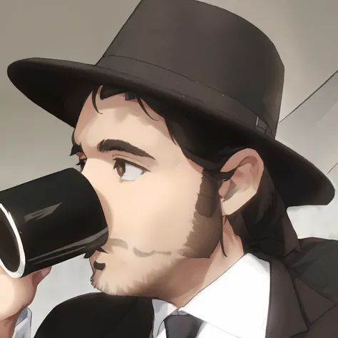 anime, man, wearing fedora, wearing overcoat, drinking coffe, tiny beard, moustache