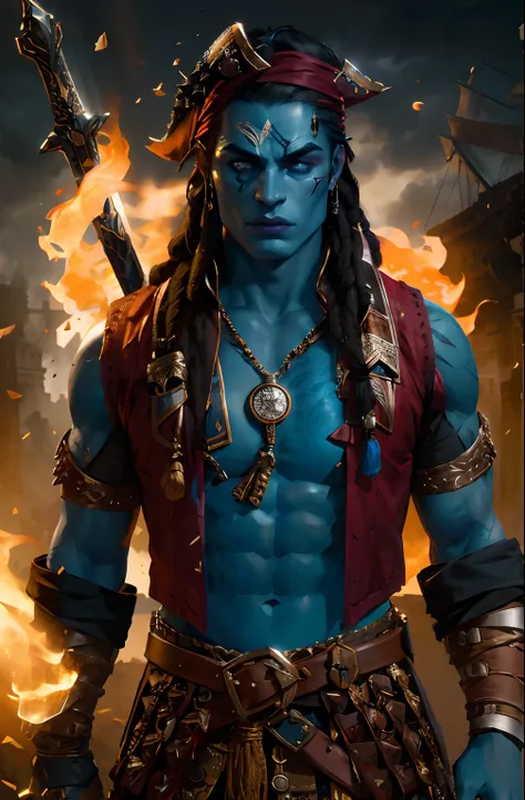 fantasy, Muscular Man with Sword Behind His Back, blue skin and blue face, red vest, Leather Bracers, Compass around the neck, Dark Pirate Dreadlocks, dark tattoo on the face, highly detailed vfx portrait of, dark fantasy mixed with realism, Photos in RAW ...