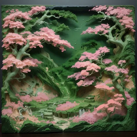 On an obsidian slab,(Paper carving):Dream peach blossom forest landscape painting