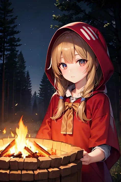 girl, red ridding hood, looking at the viewer, forest background, night time, bonfire