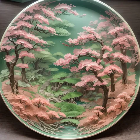 On a glass plate,(Paper carving):Fantastic peach blossom forest landscape painting