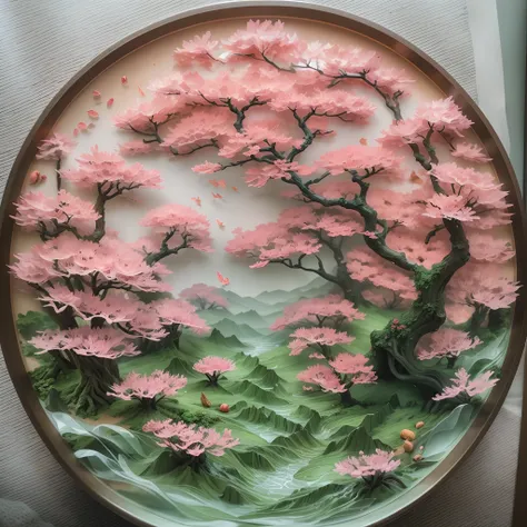 On a glass plate,(Paper carving):Fantastic peach blossom forest landscape painting