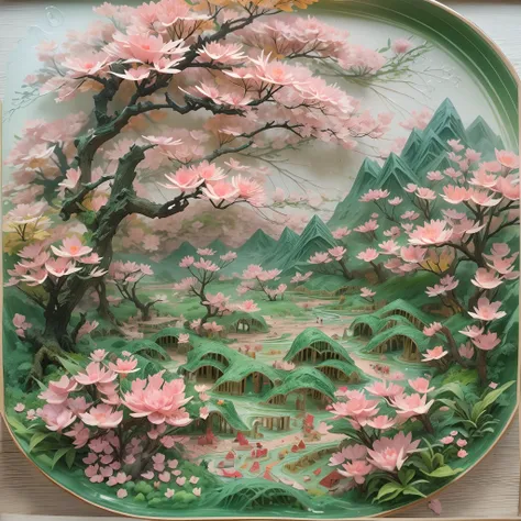 On a glass plate,(Paper carving):Fantastic peach blossom forest landscape painting