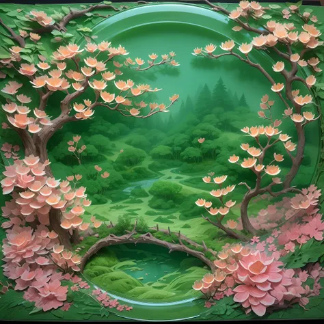 On a green glass plate,(Paper carving):Dream peach blossom forest landscape painting