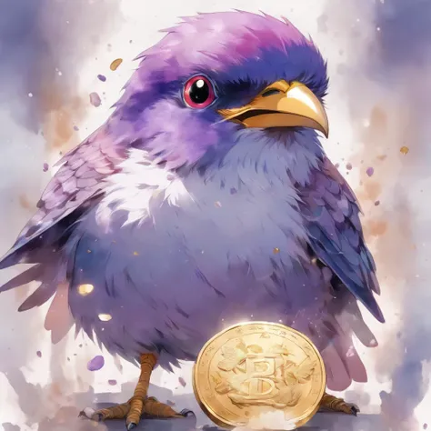 White background. 1 purple bird holding a coin. Full body, watercolor, all details, 3d, highest standard quality