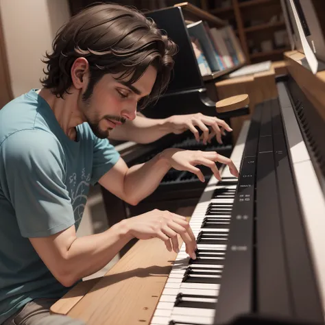 Um pianista tocando na montanha