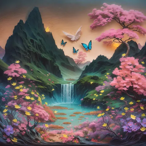 On an obsidian slab,((Paper carving)):Rose garden，rainbow in the sky，(depth of fields)，Light，Mist，log cabin,the cherry trees，Ethereal atmosphere,Vibrant colors,cinematic compositions，dream magical，hoang lap，Particle effect，diffused reflections，(mont)，water...