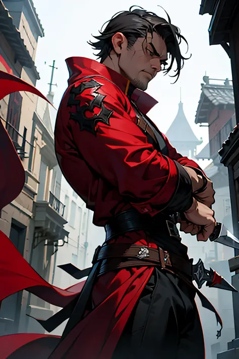 male rogue character design, holding a gleaming dagger, red robe, moody face, frown, edgy, dynamic pose, powerful pose, assassin, motion blur, character illustration, dnd, red white and black clothes, daggers, dangerous,