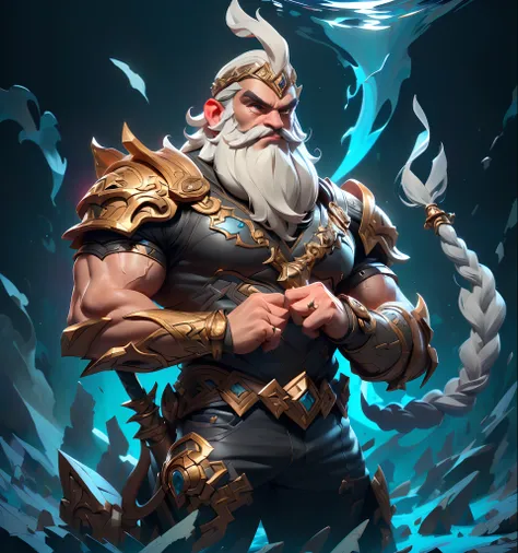 Underwater world Atlantis，abyssal，Epic reality，(hdr: 1.4)，A strong giant wearing a small amount of armor，Holds a giant axe in his left hand，In his right hand he holds a huge stone hammer，Emphasize the greatness of giants，Large, Reddens Nose，plump，Strong，Sa...