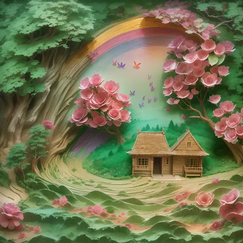 On green cardboard,((Paper carving:))Rose garden，rainbow in the sky，(depth of fields)，Light，Mist，log cabin,the cherry trees，Ethereal atmosphere,Vibrant colors,cinematic compositions，dream magical，hoang lap，Particle effect，diffused reflections，(mont)，waterf...