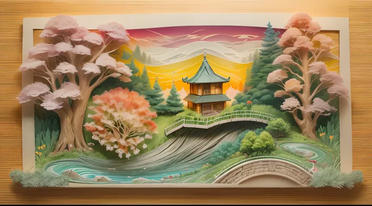 On blackboard,((Paper carving:))Rose garden，rainbow in the sky，(depth of fields)，Light，Mist，log cabin,the cherry trees，Ethereal atmosphere,Vibrant colors,cinematic compositions，dream magical，hoang lap，Particle effect，diffused reflections，(mont)，waterfallr，...