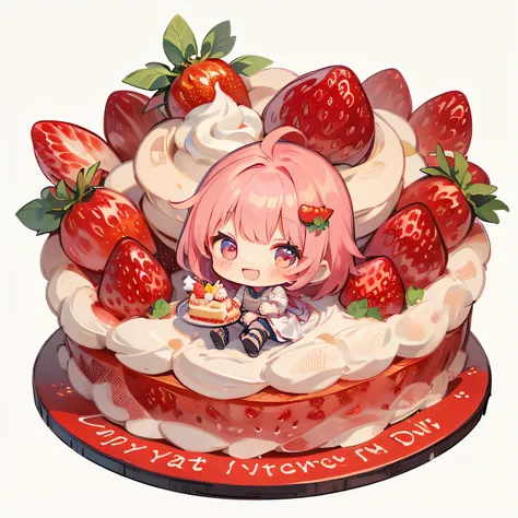 (eat strawberry shortcake:1.2), girl with, solo, full body, ahoge, (chibi character), (deformed), my child, colorful, happy, smi...