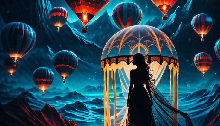 (((the hot air balloon and veil of darkness girl of detailing abstract neorealism art:1.4))), (((inside double exposure, conceptual contrast, intricate insane details, frozen effect:1.3))), on the shine glowing sea, emerges gracefully from the depths of da...