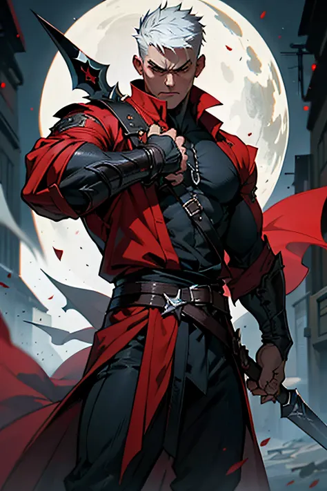 male rogue character design, holding a gleaming dagger, red robe, moody face, frown, edgy, dynamic pose, powerful pose, assassin, motion blur, character illustration, dnd, red white and black clothes, daggers, dangerous, berserk inspired, gritty