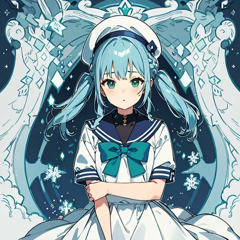 teens girl、lightblue hair、beret、a sailor suit、braid、pigtails、Blue-green eyes、snowscape、nigh sky