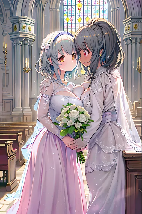 High resolution, Best Quality, masutepiece, Ultra high definition, Ultra high definition, A hyper-realistic,。.3D, Anime, Illustration, In a church、wedding hall、Two women in wedding dresses、Ring Exchange、2girls，girl1：bbw、adolable，Black hair，Bob-cut hair，rca...