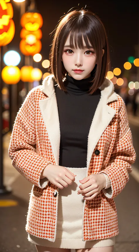 1 beautiful young girl, Super beautiful detailed face, smile shyly, symmetrical black eyes, small breasts, (red houndstooth coat:1.4), (off-white turtleneck sweater dress:1.3), below skirt point of view, visible panties, hime cut hair, (Fine face:1.2, fine...