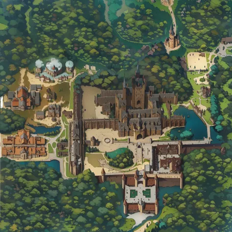 RPG map， (((ln the forest)))，lakes，((Castle in the mountains))，chies，Western fantasy，magic school，gothicarchitecture，moutain terrain，ultra - detailed，Aesthetics，tmasterpiece，best qualtiy