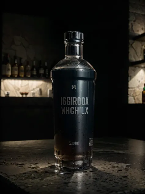 fotografia de uma garrafa de vodka, On a lush stone surface, Realistic photo, Epic composition, advertising scene, Illuminated with 3 points of light8K resolution, Canon EOS R5, 50 millimeters,  Hero Shooting Display, cinematic color grading, Dynamic footw...