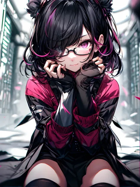 Glasses、eye glass、Pink and black hair colors、Black clothes、Black skirt、pistols、Holding a handgun、white sock、