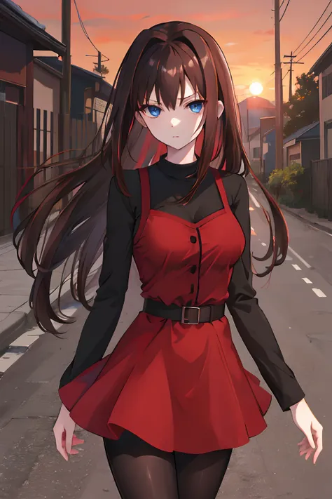 masutepiece, Best Quality, hight resolution, nffsw, Long hair, Brown hair, Black shirt, Red dress, Long sleeves, Black pantyhose, Cowboy Shot, Street, Looking at Viewer, Sunset､Blue eyes､Breast C cup