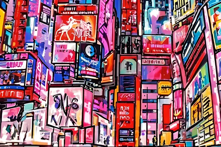 "Capture the bustling energy of Times Square in the unique artistic style of Musante. Envision a scene where the neon billboards and digital displays illuminate the night, casting vibrant reflections on the rain-slicked streets. The colors should be a vivi...