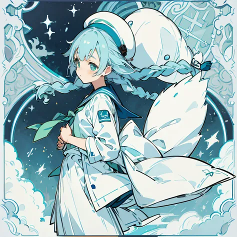 teens girl、lightblue hair、beret、a sailor suit、braid、Pigtails、Blue-green eyes、snowscape、nigh sky