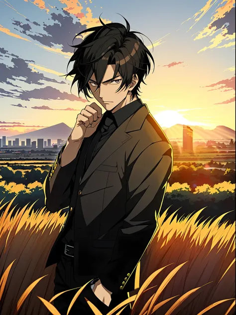 Anime boy in rye field with sunset background, Anime handsome man，Short black hair，Black eyes，Black clothes, Anime portrait of a handsome man, Official illustration, offcial art, young anime man, Key anime art, Smooth anime CG art,