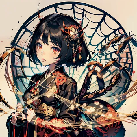 Beautiful girl fused with a spider. Girl in Japanese style maid costume. ((Female Solo. 1.1)) . hiquality. Dark fantasy style illustration. she has short hair. ratex. Shining eyes. Spider legs extending from behind her. tarantula. Embroidery with a spider ...