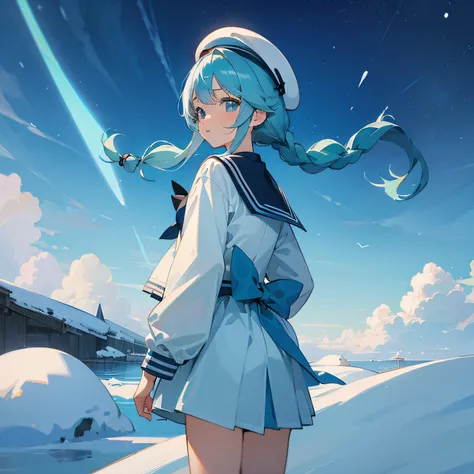 teens girl、lightblue hair、beret、a sailor suit、braid、Pigtails、Blue-green eyes、snowscape、nigh sky