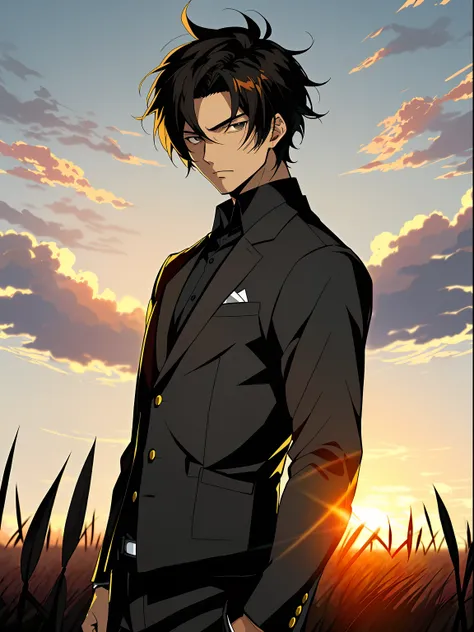 Anime boy in rye field with sunset background, Anime handsome man，Short black hair，Black eyes，Black clothes, Anime portrait of a handsome man, Official illustration, offcial art, young anime man, Key anime art, Smooth anime CG art,