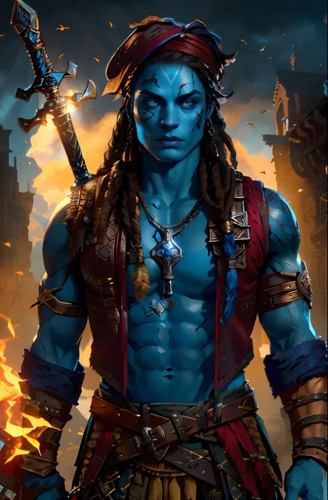 fantasy, Muscular young man with a sword on his back, blue skin and blue face, red vest, Leather Bracers, Compass around the neck, Dark Pirate Dreadlocks, dark tattoo on the face, brown eye, Red armband in dreadlocks, highly detailed vfx portrait of, dark ...