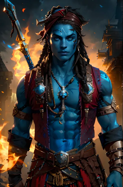 fantasy, Muscular young man with a sword on his back, blue skin and blue face, red vest, Leather Bracers, Compass around the neck, Dark Pirate Dreadlocks, dark tattoo on the face, brown eye, Red armband in dreadlocks, highly detailed vfx portrait of, dark ...