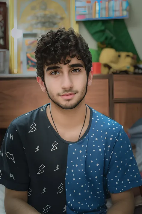 Boy with curly hair sitting on bed