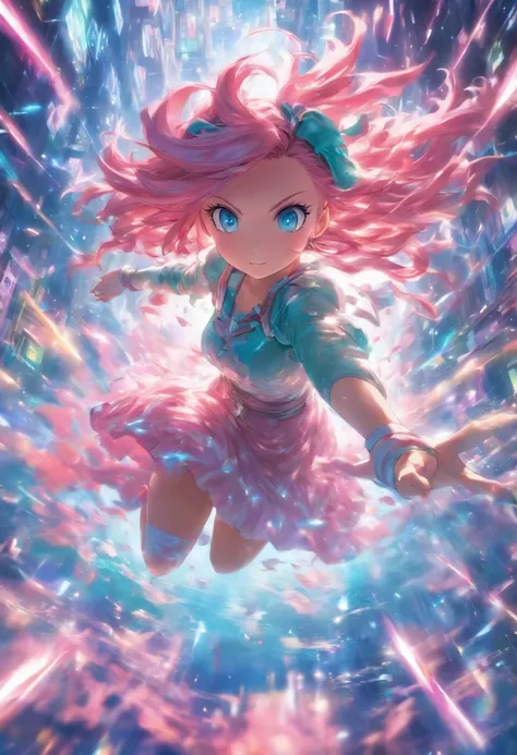 foreshortening,  depth of fields, Master parts, Best quality, 1girll, Pink hair, teal eyes,  medium hair, floatking,Pink rays, soio, looki at viewer,pinkdress, flight,  Dim sunlight,