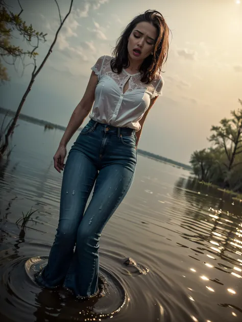 (Wide flares on jeans:1.2), (wet clothing, Clothes stick to the body), (Best Quality,hight resolution,bokeh:1.2),The woman,Pronounced wrinkles,Bob haircut,Detailed eyes and face,lace blouse,expression of despair,Imminent Doom,bright colours,,desperation,(D...