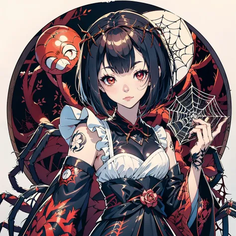 beautiful girl fused with a spider. girl in japanese style maid costume. ((female solo. 1.1)) . hiquality. dark fantasy style il...