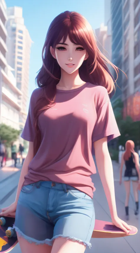 anime girl with a skateboard in her hand in a city, extremely detailed artgerm, ig model | artgerm, artgerm and ilya kuvshinov, artgerm portrait, artgerm. anime illustration, smooth anime cg art, ! dream artgerm, style artgerm, artgerm on artstation pixiv