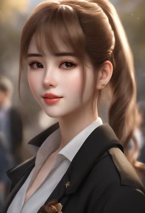 ( best quality,4k,8k,highres,masterpiece:1.2),ultra-detailed,(realistic,photorealistic,photo-realistic:1.37), ponytail brown hair, 2010s anime, school uniform, oversize black sweater, c cup, beautiful detailed eyes, beautiful detailed lips, extremely detai...