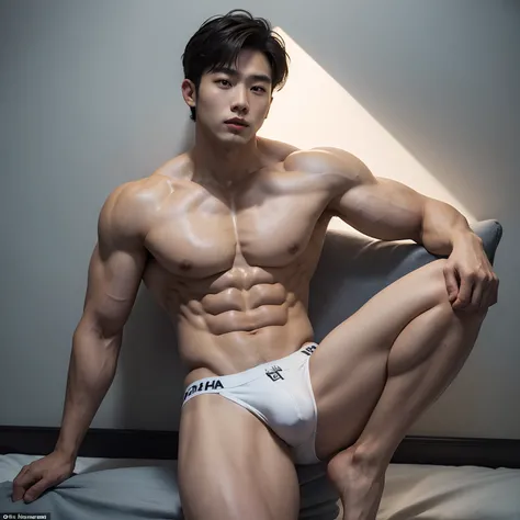 Masterpiece, Best Quality, Solo, Korean Men, bodybuilder, Muscular body, big muscle, Natural eyes, Short and delicate hair, Sexy Man, looking up at viewer, Triangle mens underwear, Large protrusions, Erection, legs open, Muscular posture