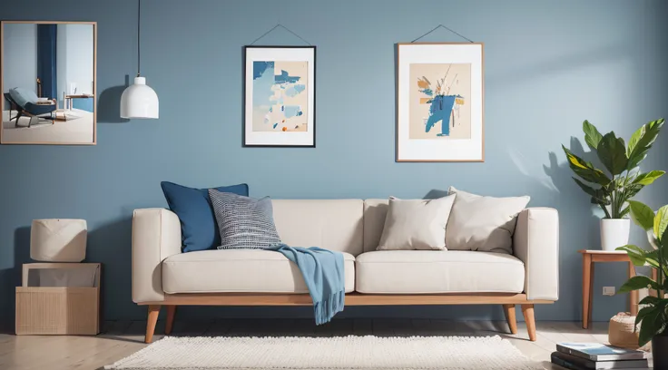 beige lounge chair with blanket against blue wall with big art poster. scandinavian home interior design of modern living room.