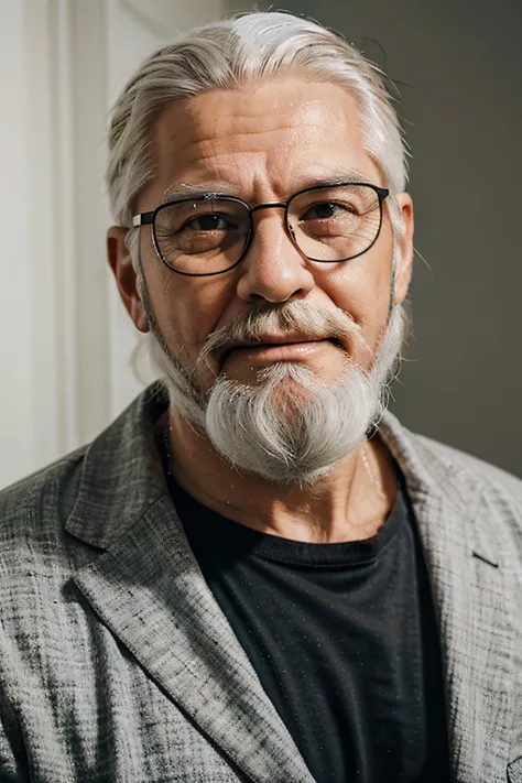 a realistic old man having a beard on his face and and wearing glasses and white hair and a motivator