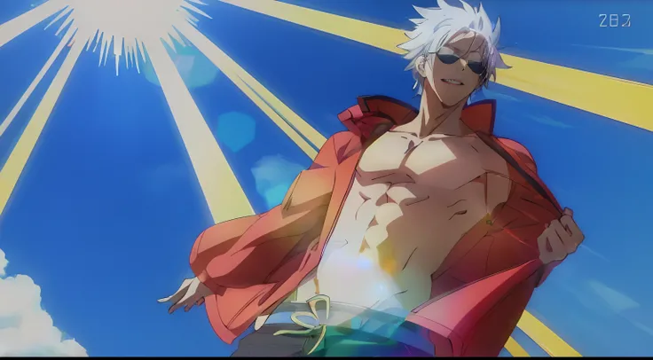 Close up portrait of a person in a shirt with sun in the background, an epic anime of a energy man, screenshot from a 2012s anime, todays featured anime still, in the anime film, son of sparda, official anime still, ufotable art style, male anime character...