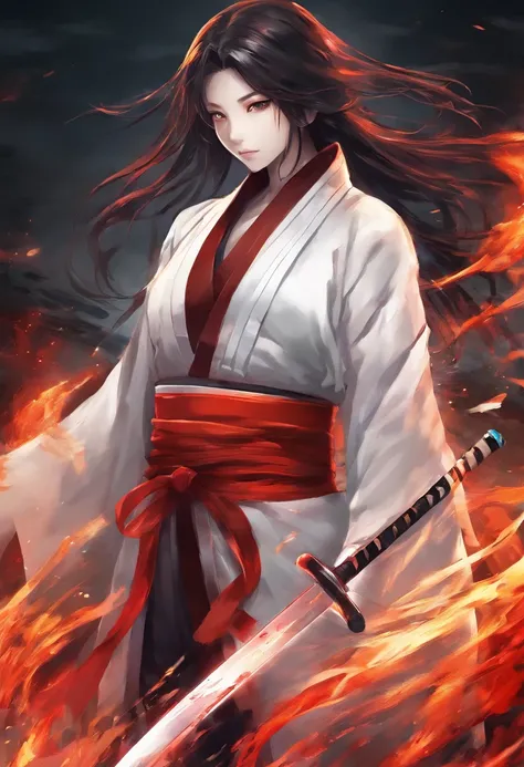 burning katana,white clothes tinged with red,aggressive stance,dark and dramatic lighting,vibrant colors,strong and intense brushstrokes,fiery atmosphere,masterpiece:1.2,ultra-detailed,realistic,horror,red and orange color palette,sharp focus,twisted and s...