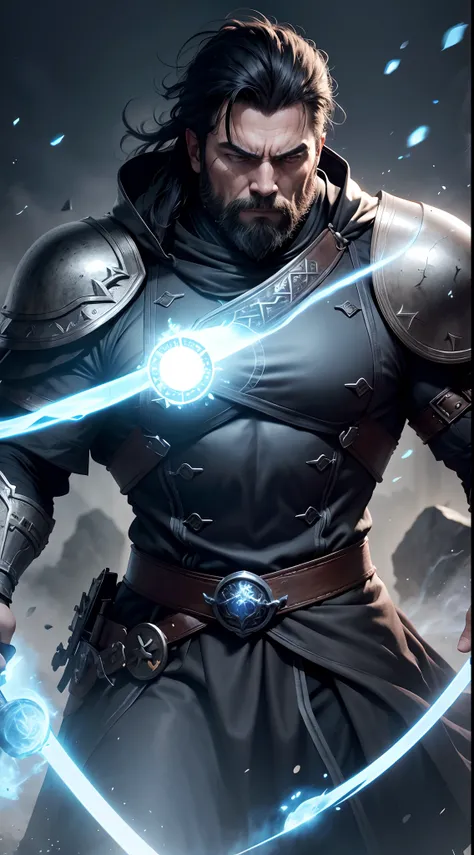 Realistic, 8K image of a strong man, dressed in black cleric attire and silver RPG warrior-style shoulder pads, conjuring a bluish aura around his body