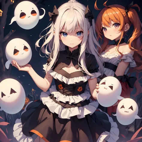 Pro Animation、​masterpiece、aquarelle、Round Faced Girl、roundly eyes、tomgirl、Trick or Treat、Halloween、Wearing a ghost design、ghosts、Grave background、Funny ghost、