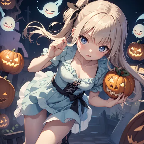 Pro Animation、​masterpiece、aquarelle、Round Faced Girl、roundly eyes、tomgirl、Trick or Treat、Halloween、Wearing a ghost design、ghosts、Grave background、Funny ghost、