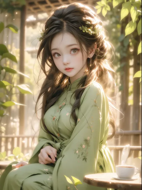 anime girl with big eyes and a Green Dress sitting at a table, cute anime face, cute expression, extremely cute anime girl face, cute natural anime face, cute large eyes , Coffee , morning coffee, Extremely Detailed, big cute eyes, with cute doting eyes, c...